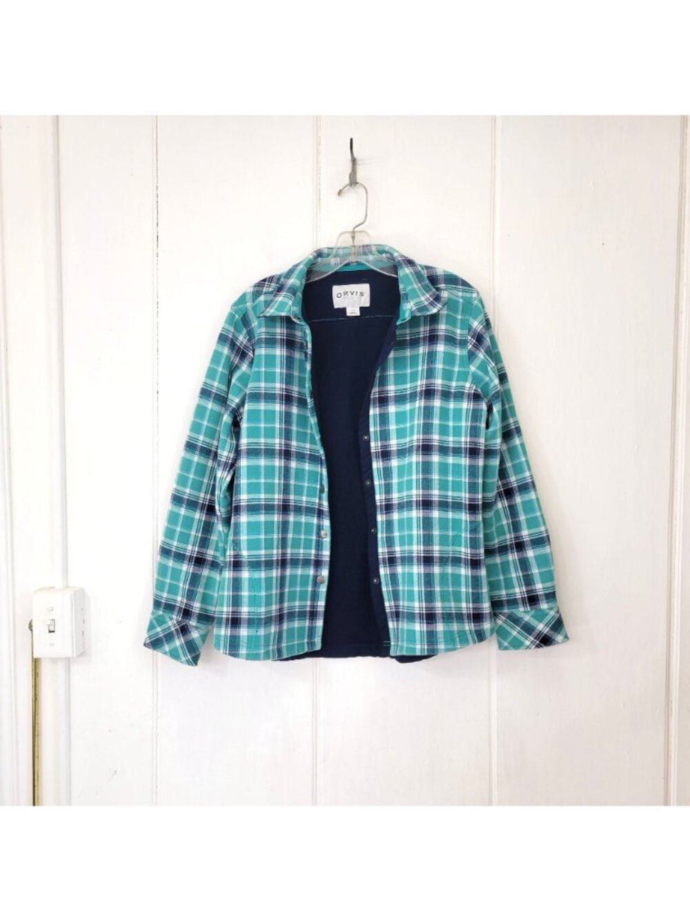 Orvis Classic Collection Green & Navy Plaid Fleece-Lined Snap Front Shirt Shacke - Picture 5 of 5
